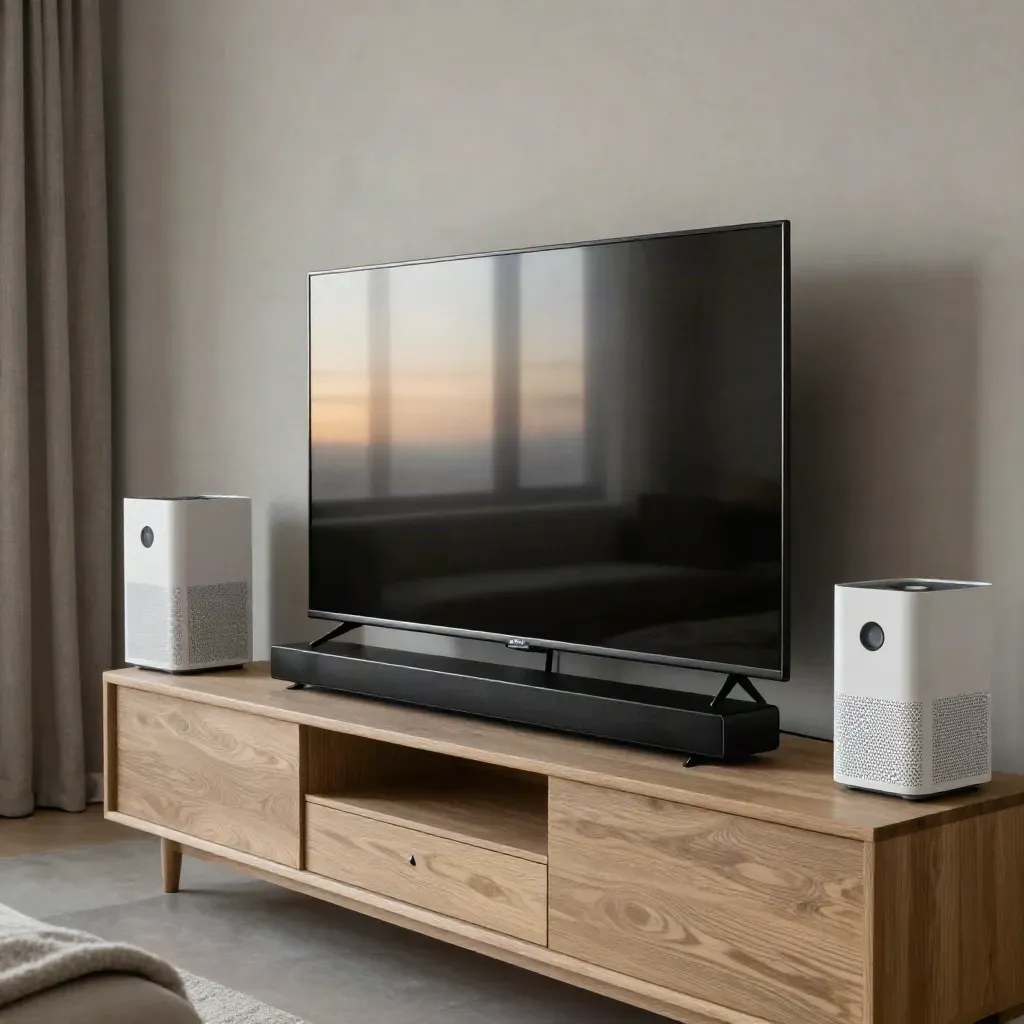 TV spento, soundbar e piccolo purificatore su console in soggiorno al crepuscolo