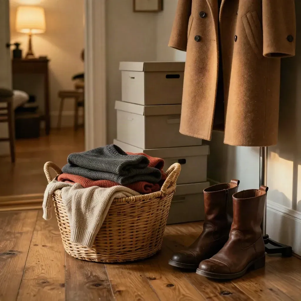 Ingresso di casa con maglioni, stivali, scatole neutre e cappotto per il cambio di stagione.