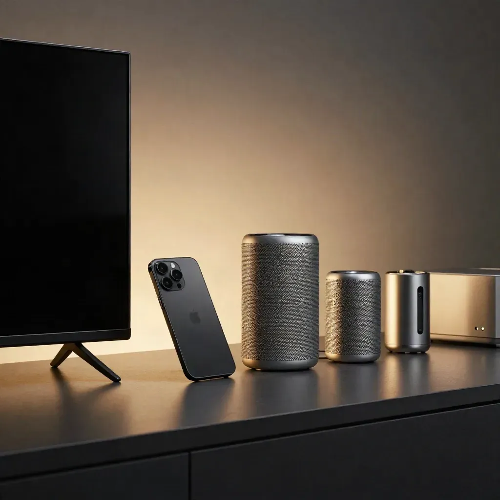 TV, smartphone, speaker e piccolo elettrodomestico su banco negozio con riflessi gialli.