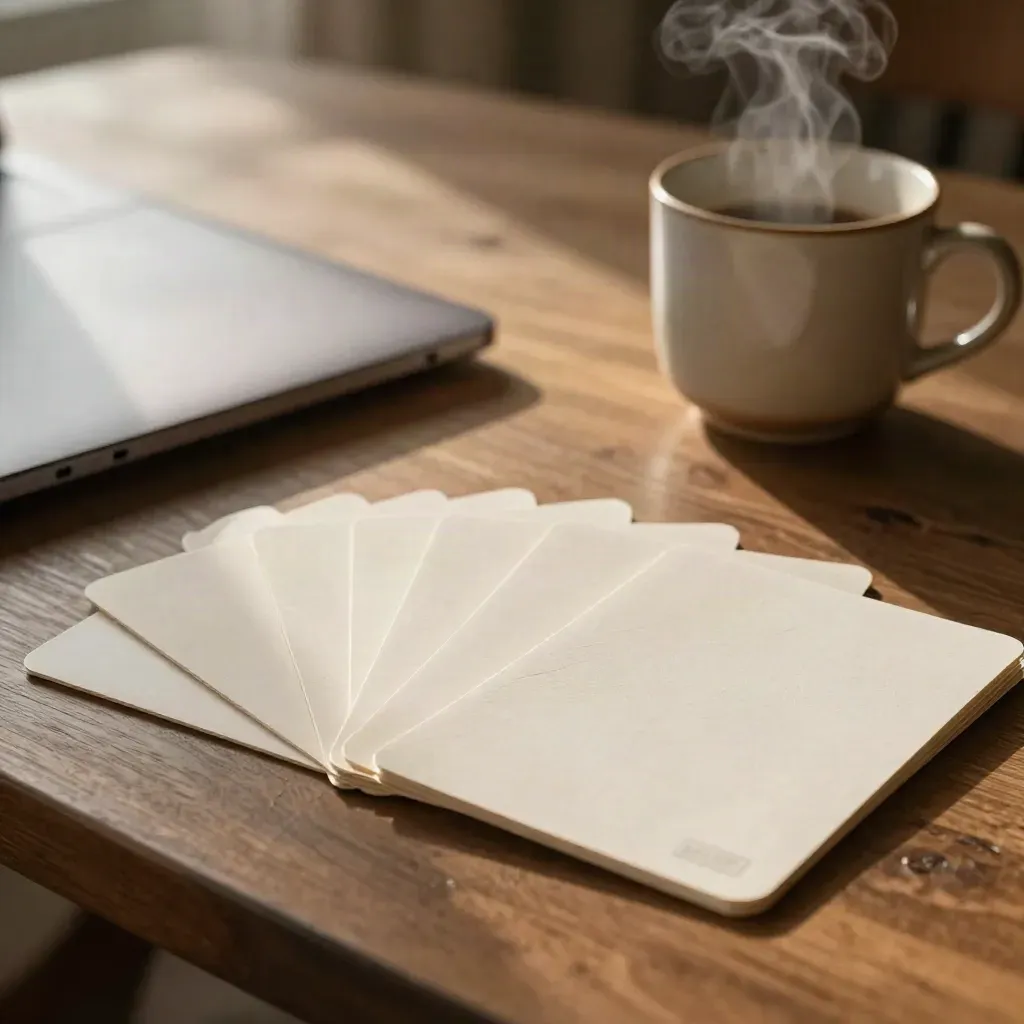 Tavolo di casa con schede, post-it, laptop chiuso e tazza calda, in una scena di risparmio.