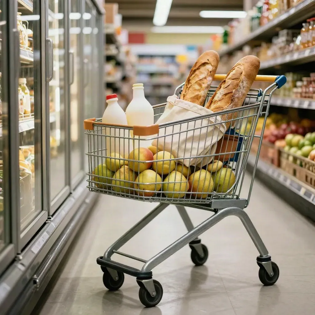 Carrello spesa con pane, frutta, bottiglia opaca e borse riutilizzabili in una corsia del supermercato.