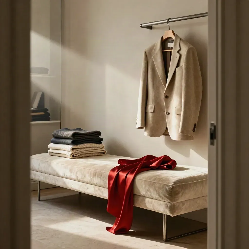 Angolo boutique con chaise, abiti piegati e una giacca su gruccia, luce drammatica e specchio sfocato.