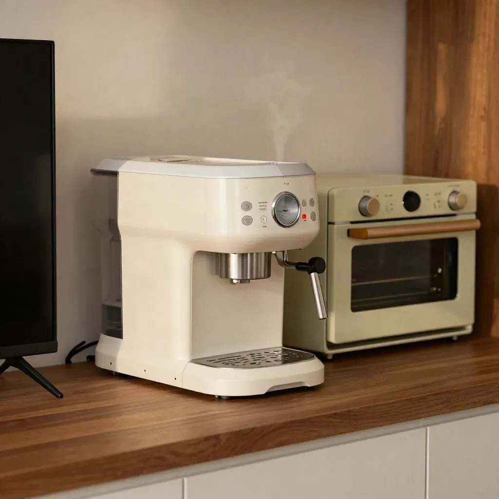Cucina con macchina da caffè, forno piccolo e TV spenta, luce spia accesa e vapore lieve.