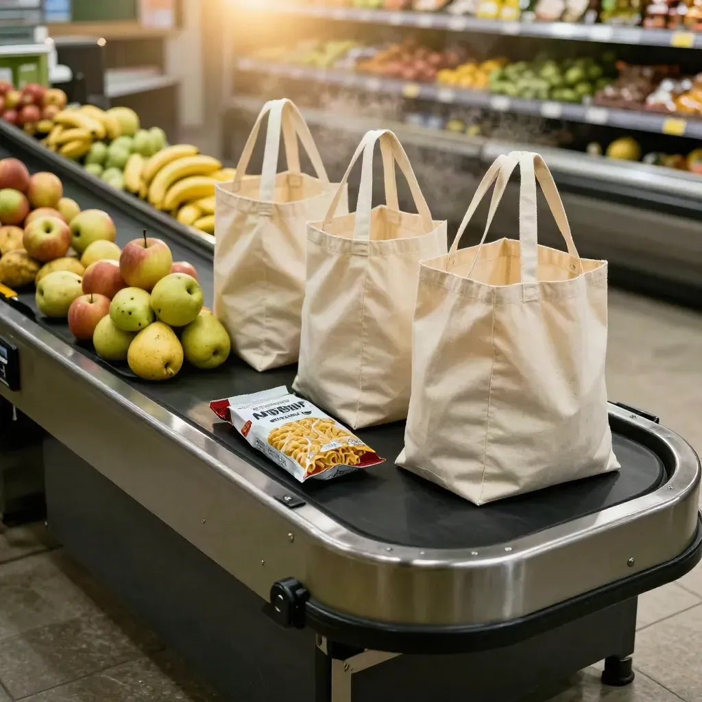 Nastri cassa supermarket con frutta e borse riutilizzabili che si gonfiano appena.