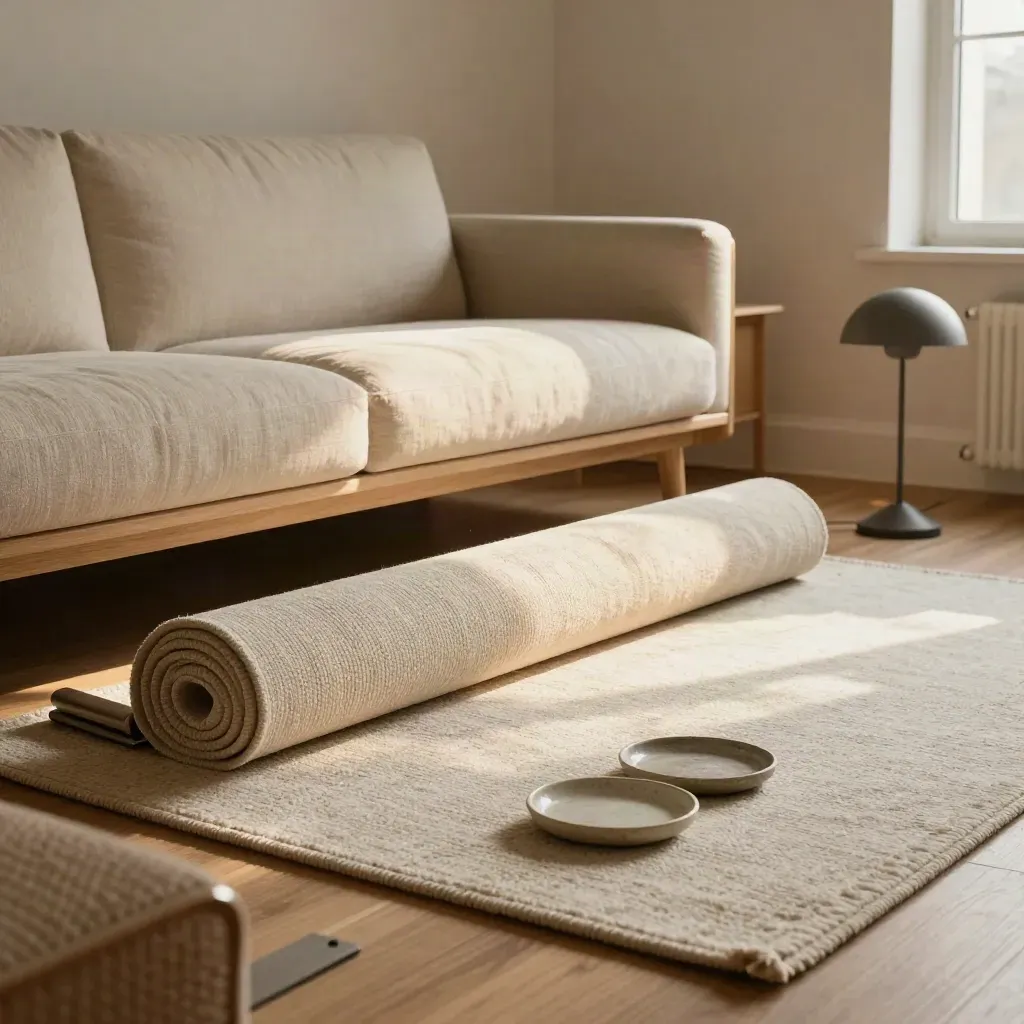Soggiorno con tappeto arrotolato, base lampada e accessori in attesa di montaggio