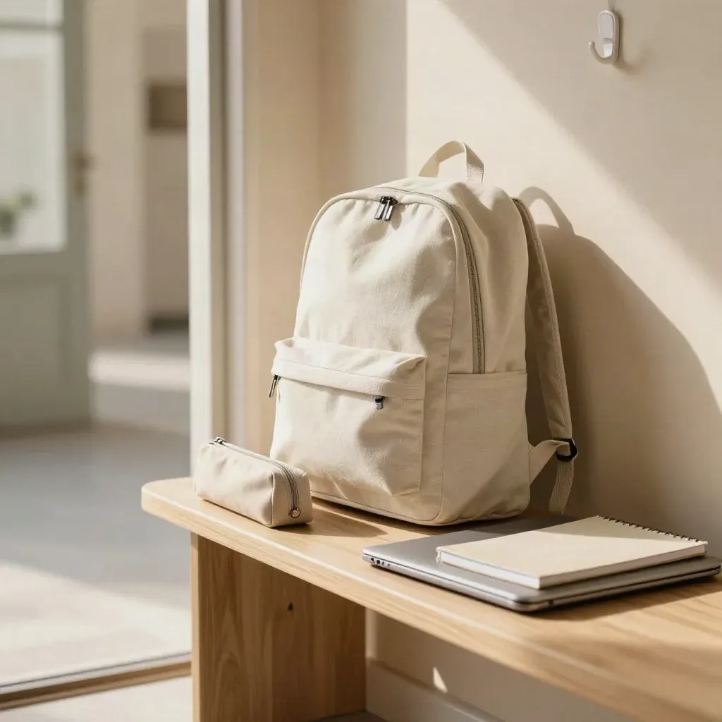 Ingresso di casa con zaino aperto, astuccio, sleeve per laptop e quaderni su una panca, luce del mattino.