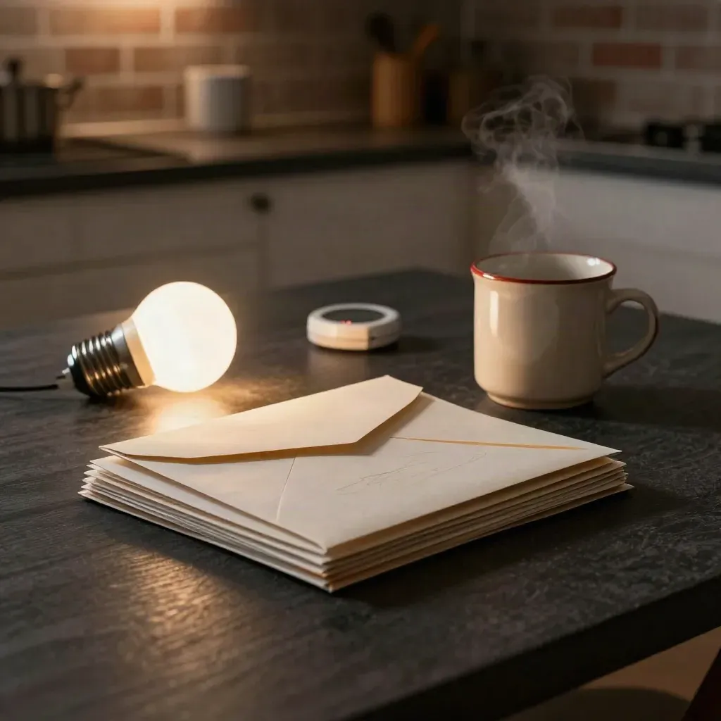 Buste bollette, lampadina LED, tazza e termostato su tavolo cucina scuro, luce serale calda.