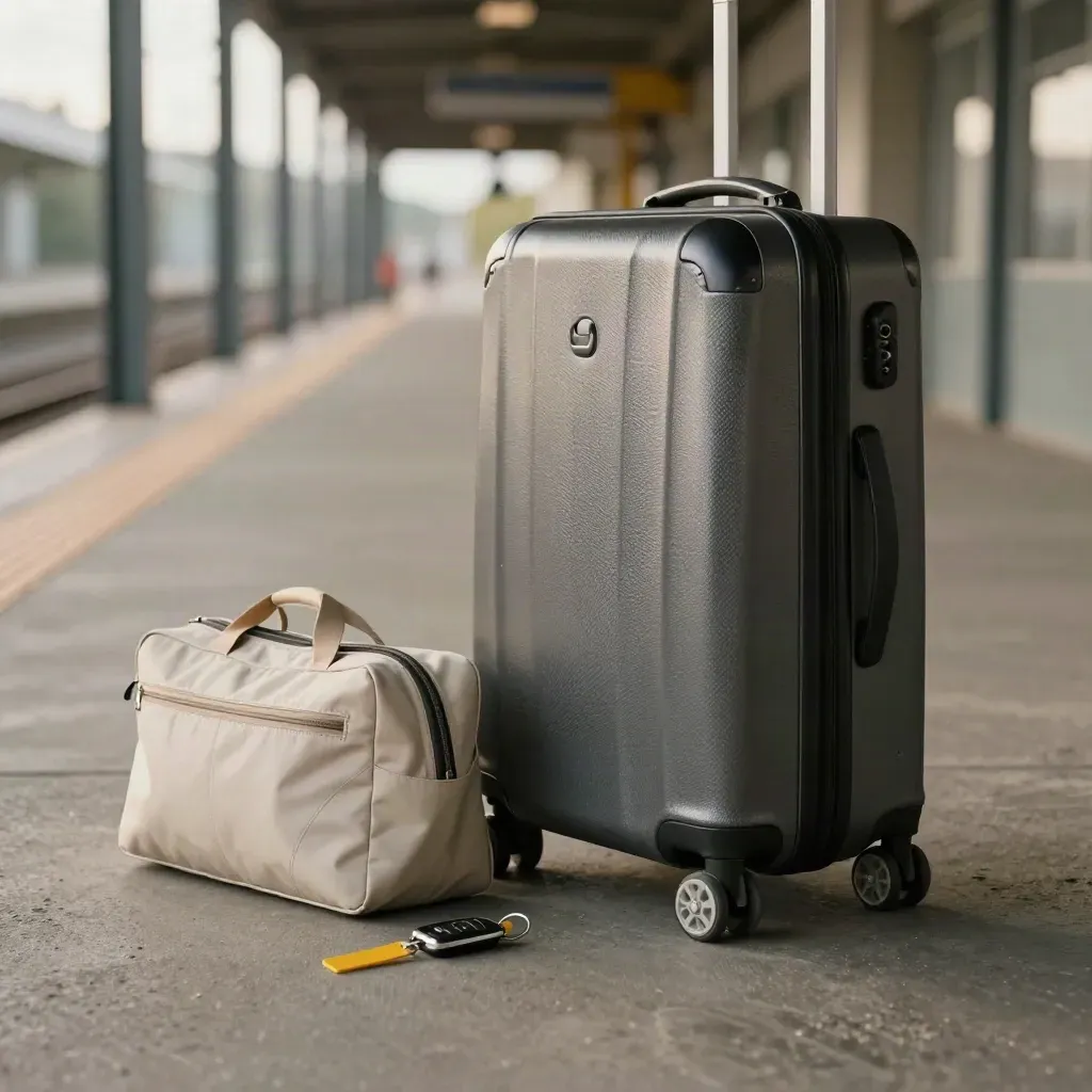 Valigia compatta e accessori viaggio in corridoio di stazione, vista bassa e dinamica