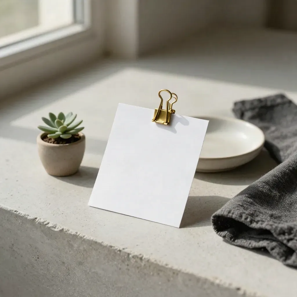 Carta coupon bianca con clip in ottone, piantina e panno di lino su pietra chiara.